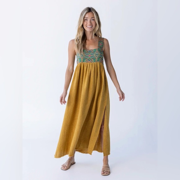 NATURAL LIFE Dresses & Skirts - Mustard Maxi Dress with Green Floral Bodice
